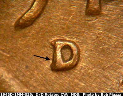Die-stage B marker on 1946D•1MM•026 (1946 Repunched Mint Mark).