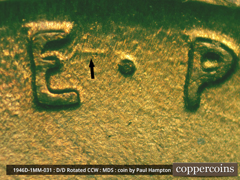Die-stage B marker on 1946D•1MM•031 (1946 Repunched Mint Mark).