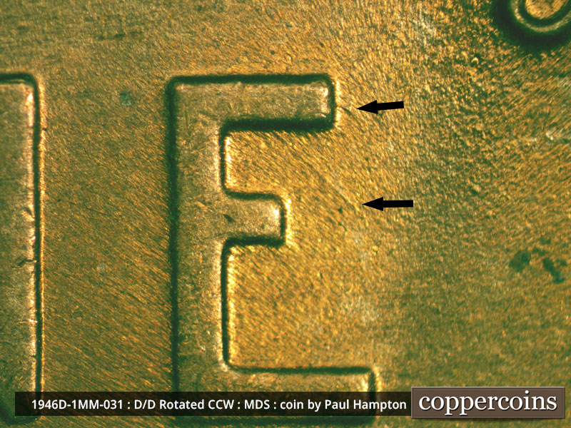 Die-stage B marker on 1946D•1MM•031 (1946 Repunched Mint Mark).