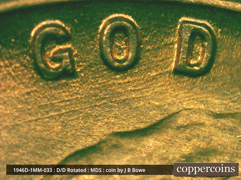 Die-stage B marker on 1946D•1MM•033 (1946 Repunched Mint Mark).