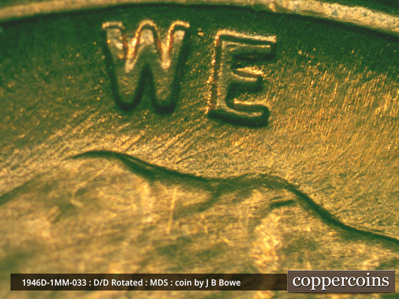 Die-stage B marker on 1946D•1MM•033 (1946 Repunched Mint Mark).