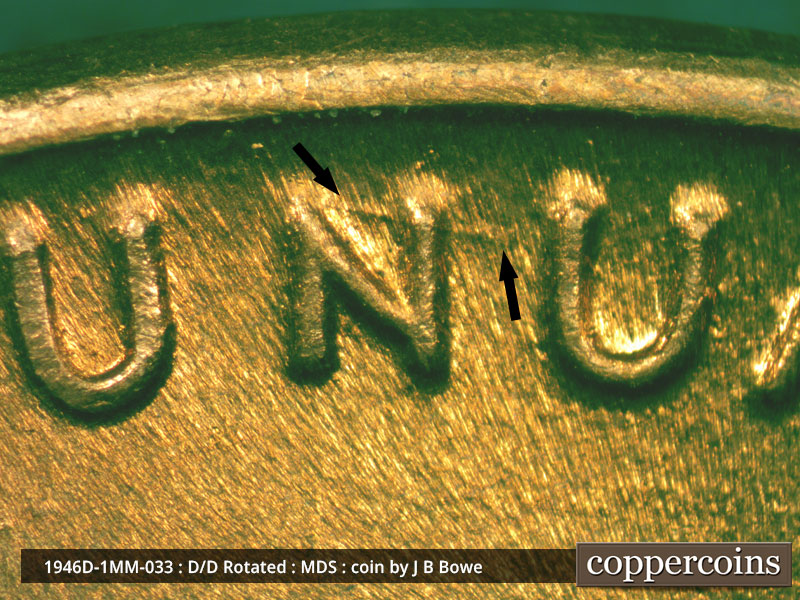 Die-stage B marker on 1946D•1MM•033 (1946 Repunched Mint Mark).