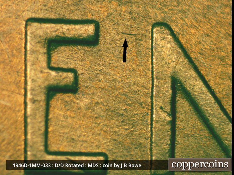 Die-stage B marker on 1946D•1MM•033 (1946 Repunched Mint Mark).