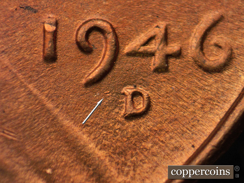 1946 Lincoln cent obverse, CopperCoins die 1946D•1MM•034.