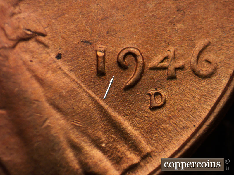 Die-stage B marker on 1946D•1MM•034 (1946 Repunched Mint Mark).