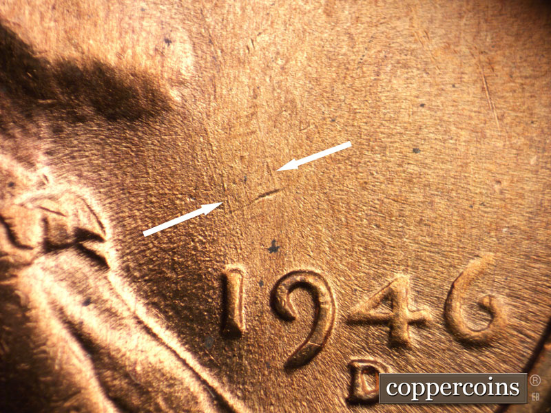 Die-stage B marker on 1946D•1MM•042 (1946 Repunched Mint Mark).