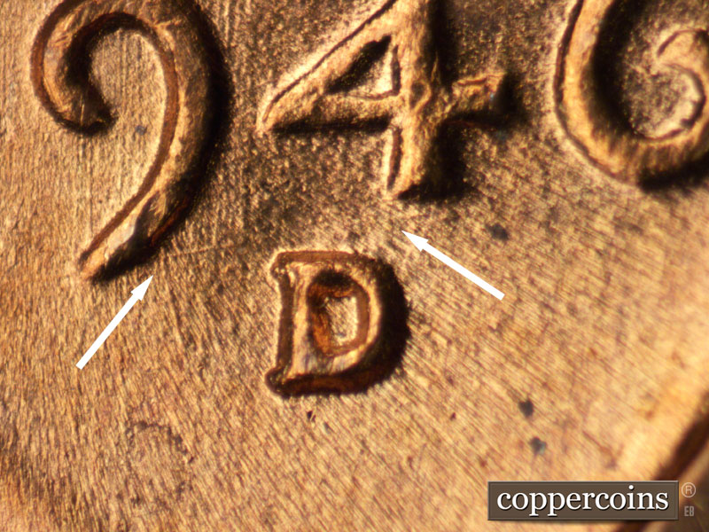 1946 Lincoln cent obverse, CopperCoins die 1946D•1MM•044.