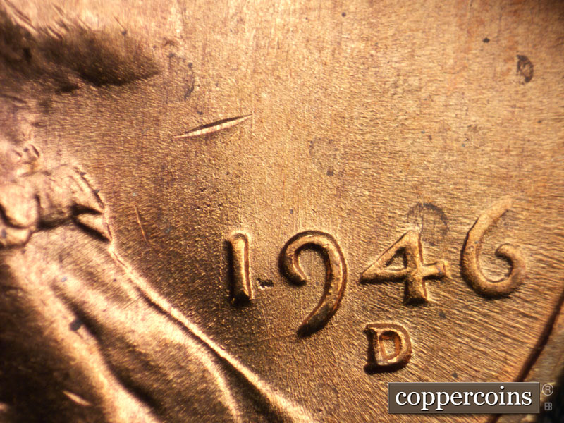 Die-stage B marker on 1946D•1MM•044 (1946 Repunched Mint Mark).