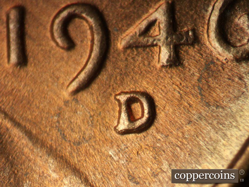1946 Lincoln cent obverse, CopperCoins die 1946D•1MM•048.