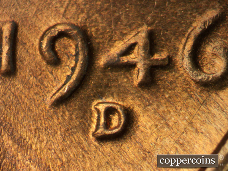 1946 Lincoln cent obverse, CopperCoins die 1946D•1MM•049.