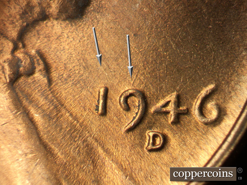Die-stage B marker on 1946D•1MM•049 (1946 Repunched Mint Mark).