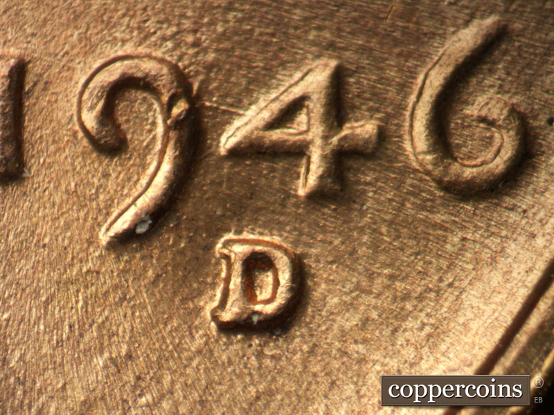 1946 Lincoln cent obverse, CopperCoins die 1946D•1MM•050.