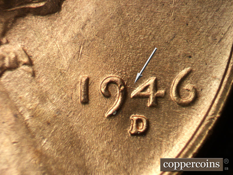 Die-stage B marker on 1946D•1MM•050 (1946 Repunched Mint Mark).