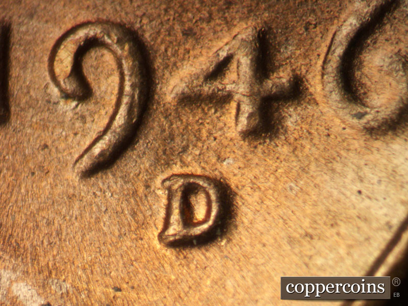 1946 Lincoln cent obverse, CopperCoins die 1946D•1MM•052.