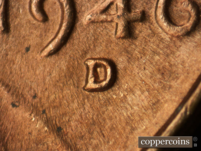1946 Lincoln cent obverse, CopperCoins die 1946D•1MM•053.