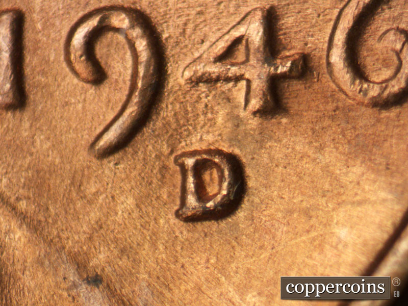 1946 Lincoln cent obverse, CopperCoins die 1946D•1MM•055.