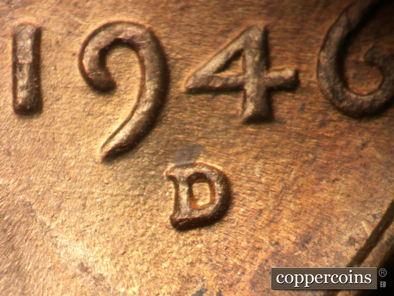 1946 Lincoln cent obverse, CopperCoins die 1946D•1MM•058.