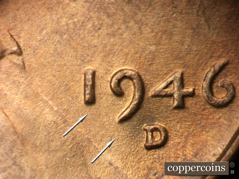 Die-stage B marker on 1946D•1MM•058 (1946 Repunched Mint Mark).