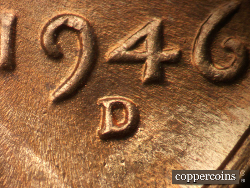 1946 Lincoln cent obverse, CopperCoins die 1946D•1MM•060.