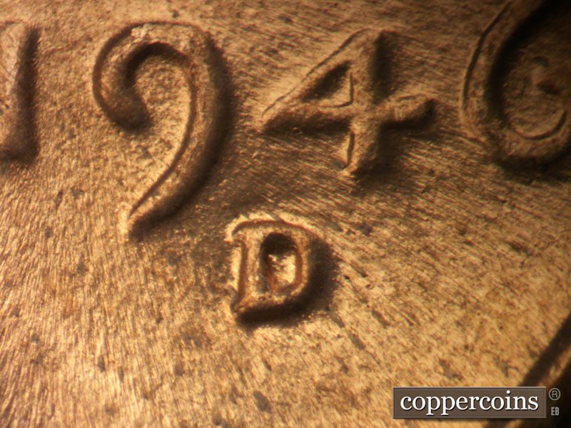 1946 Lincoln cent obverse, CopperCoins die 1946D•1MM•063.