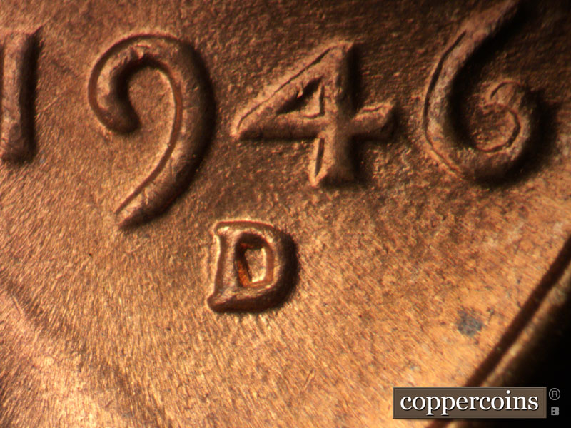 1946 Lincoln cent obverse, CopperCoins die 1946D•1MM•067.