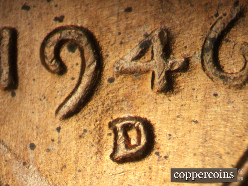 1946 Lincoln cent obverse, CopperCoins die 1946D•1MM•069.