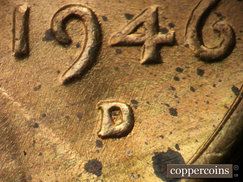 1946 Lincoln cent obverse, CopperCoins die 1946D•1MM•071.