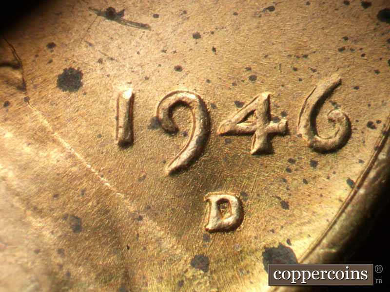 Die-stage B marker on 1946D•1MM•071 (1946 Repunched Mint Mark).