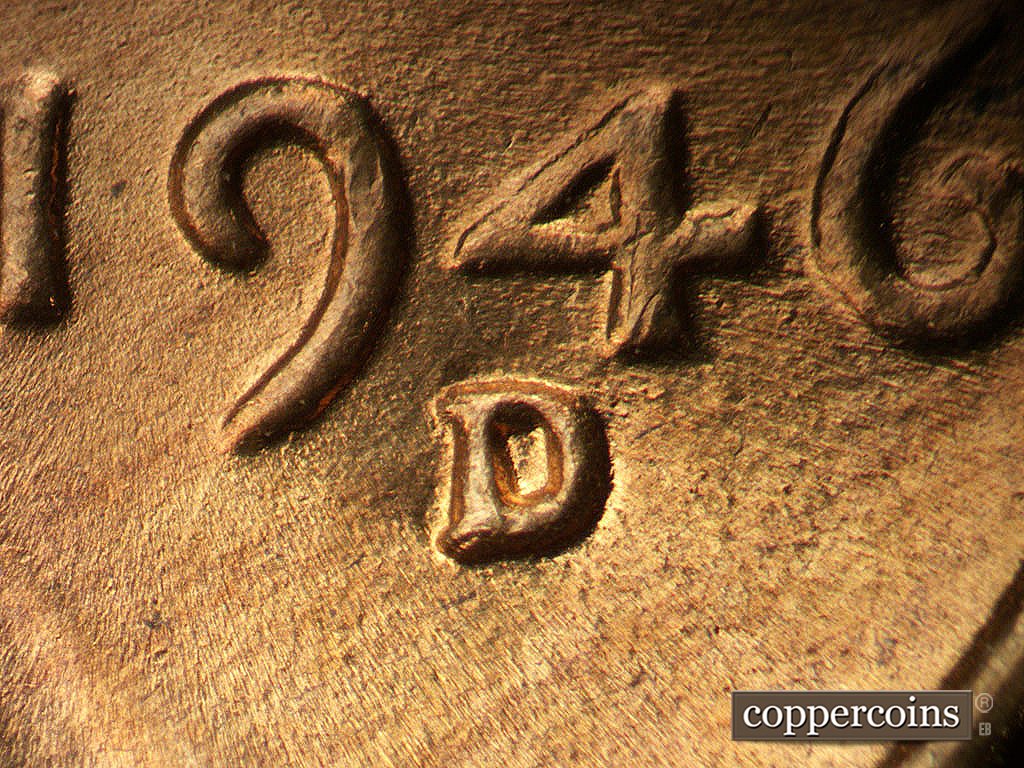 Die-stage B marker on 1946D•1MM•072 showing Closeup of repunched mintmark.