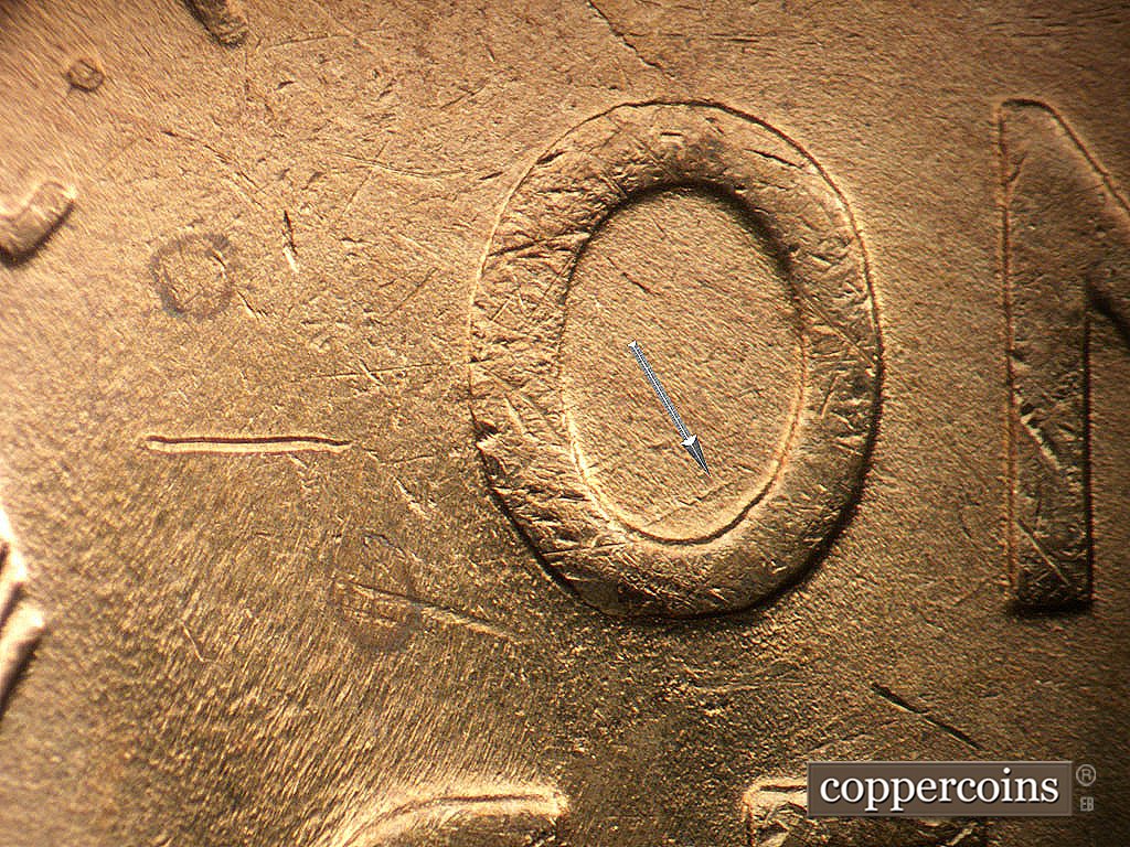 Die-stage B marker on 1946D•1MM•072 showing NE die scratch in bottom of O in ONE.