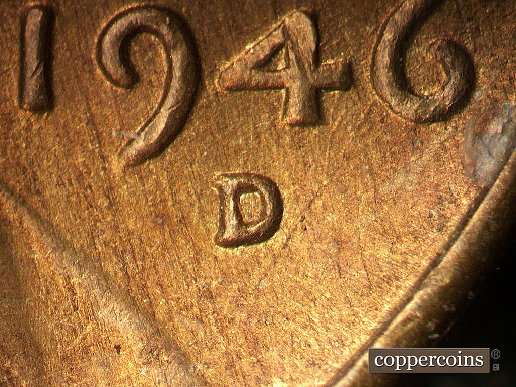 Die-stage B marker on 1946D•1MM•073 showing Closeup of repunched mintmark.