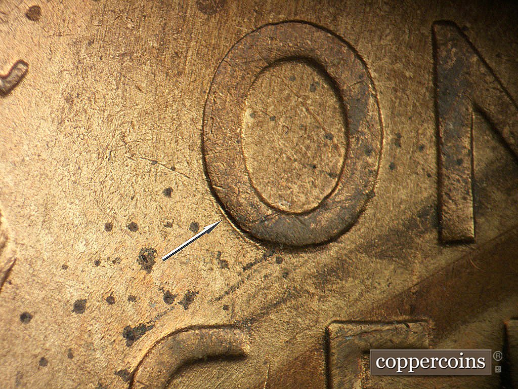 Die-stage B marker on 1946D•1MM•073 showing Die gouge near O in ONE.