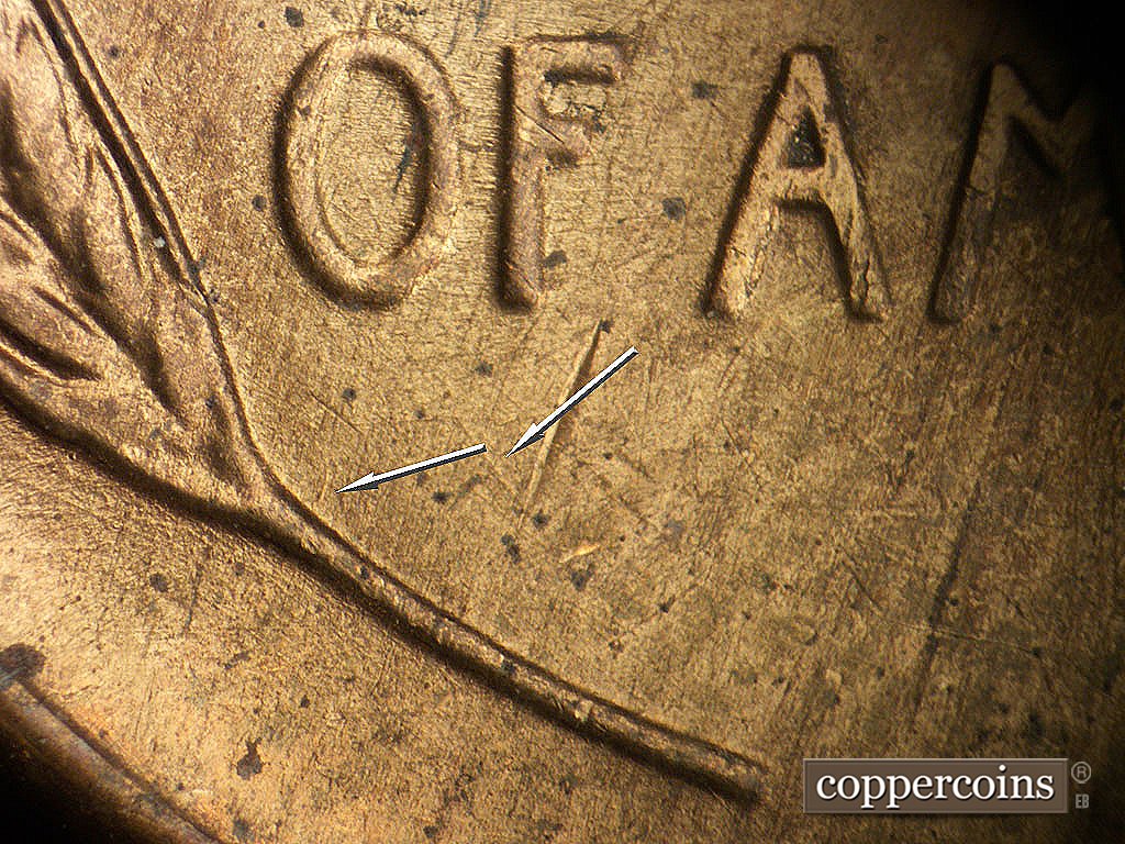 Die-stage B marker on 1946D•1MM•073 showing SE die scratches under O in OF.
