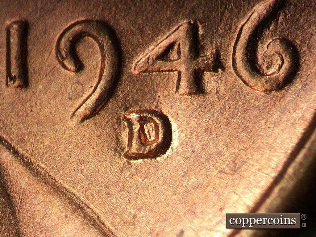 Die-stage A marker on 1946D•1MM•076 showing Closeup of repunched mintmark.
