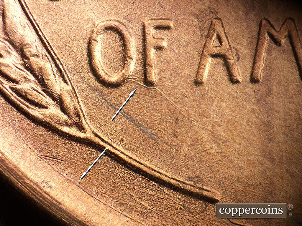 Die-stage A marker on 1946D•1MM•076 showing Unique die scratch from O in OF concentric die scratch beween rim and lower let wheat stem.
