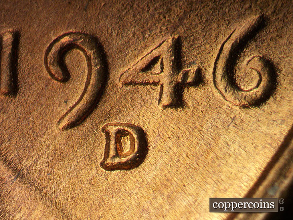 Die-stage B marker on 1946D•1MM•077 showing Closeup of repunched mintmark.