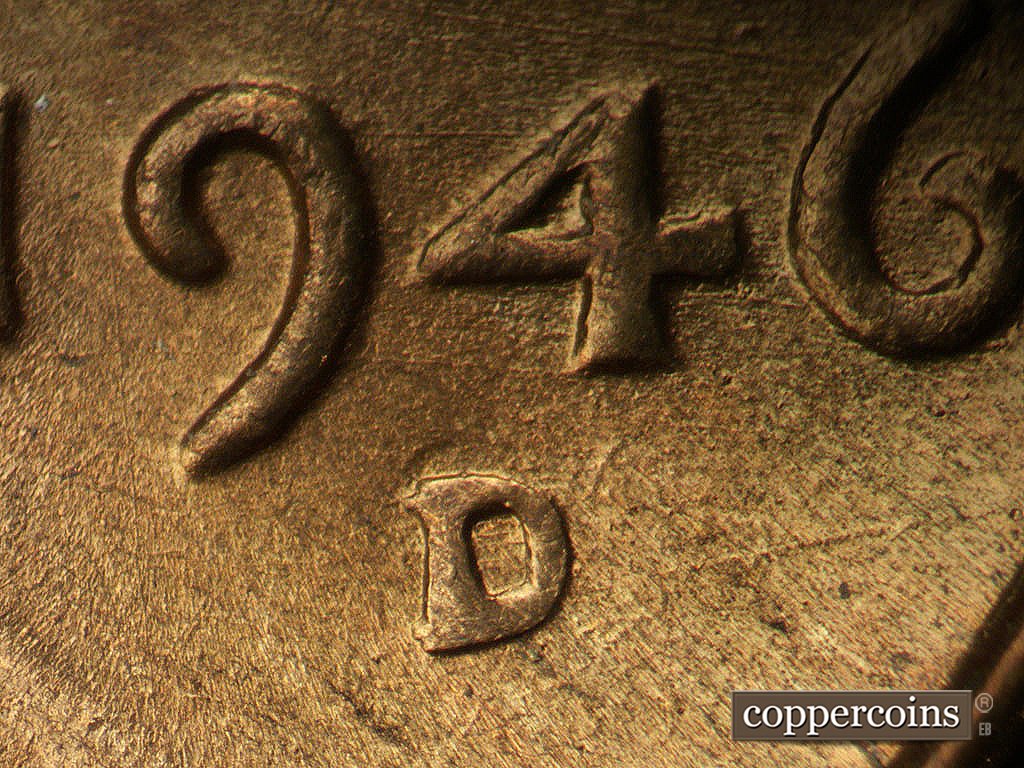 Die-stage B marker on 1946D•1MM•079 showing Closeup of repunched mintmark.