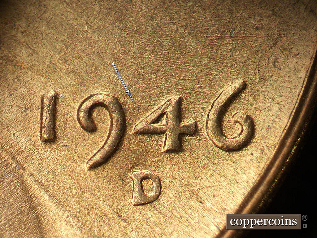 Die-stage B marker on 1946D•1MM•079 showing Die scratch connect 94 in date.