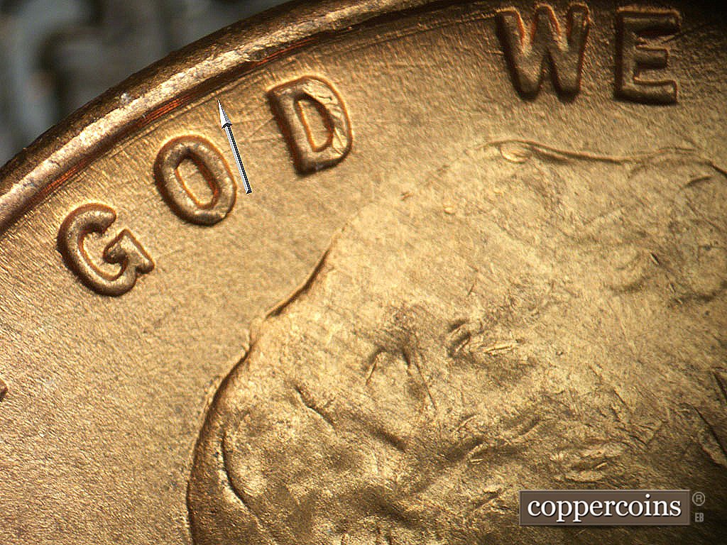 Die-stage B marker on 1946D•1MM•079 showing Concentric die scratch above GOD, Die scratches through GOD.