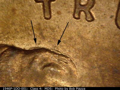 Die-stage B marker on 1946P•1DO•001 (1946 Doubled Die Obverse).