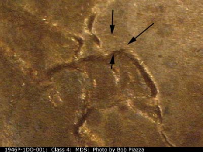 Die-stage B marker on 1946P•1DO•001 (1946 Doubled Die Obverse).