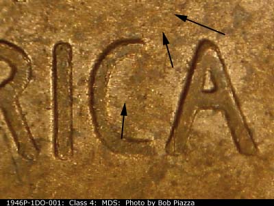 Die-stage B marker on 1946P•1DO•001 (1946 Doubled Die Obverse).
