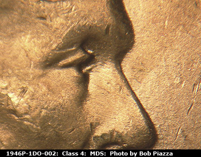 Die-stage B marker on 1946P•1DO•002 (1946 Doubled Die Obverse).