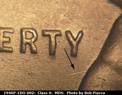 Die-stage B marker on 1946P•1DO•002 (1946 Doubled Die Obverse).