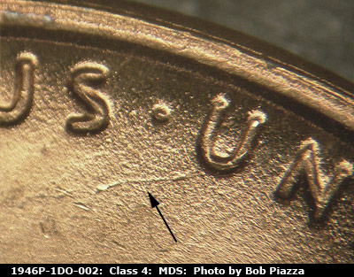 Die-stage B marker on 1946P•1DO•002 (1946 Doubled Die Obverse).