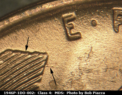 Die-stage B marker on 1946P•1DO•002 (1946 Doubled Die Obverse).
