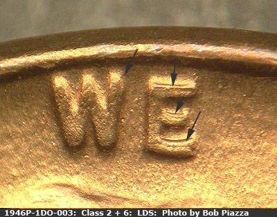Die-stage C marker on 1946P•1DO•003 (1946 Doubled Die Obverse).