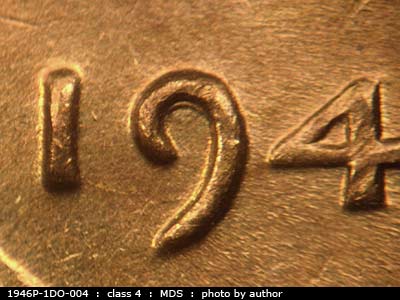Die-stage B marker on 1946P•1DO•004 (1946 Doubled Die Obverse).