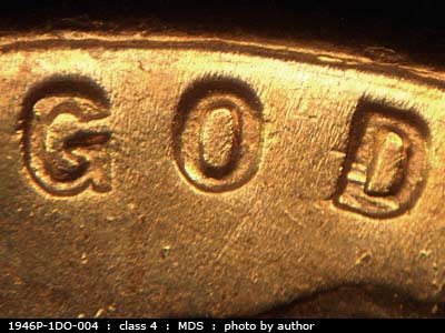 Die-stage B marker on 1946P•1DO•004 (1946 Doubled Die Obverse).