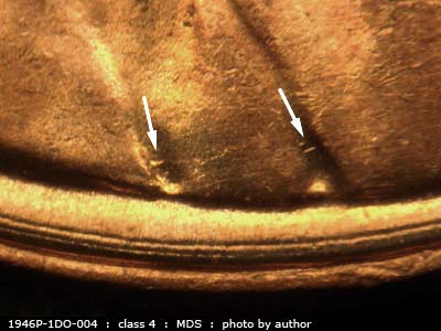 Die-stage B marker on 1946P•1DO•004 (1946 Doubled Die Obverse).